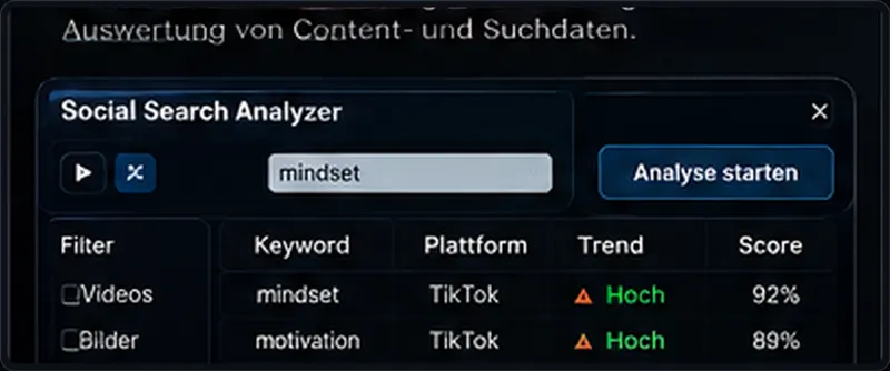 Konzeptvisualisierung des Social Search Data Analyzers mit anonymisierten Demo-Daten